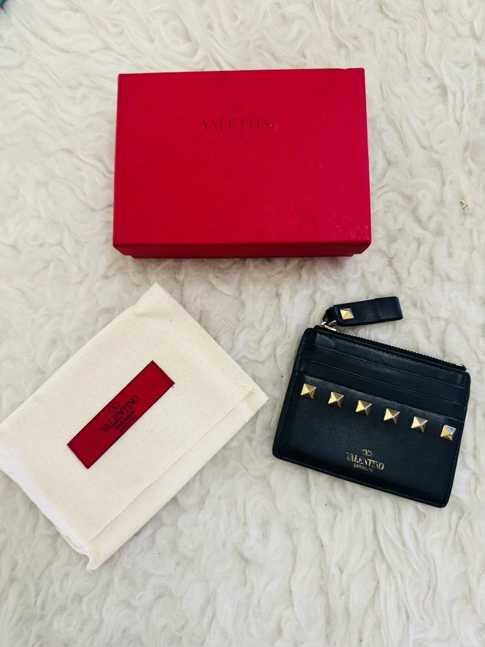 Valentino Black Leather Rockstud Zip Card Wallet with Gold Accents